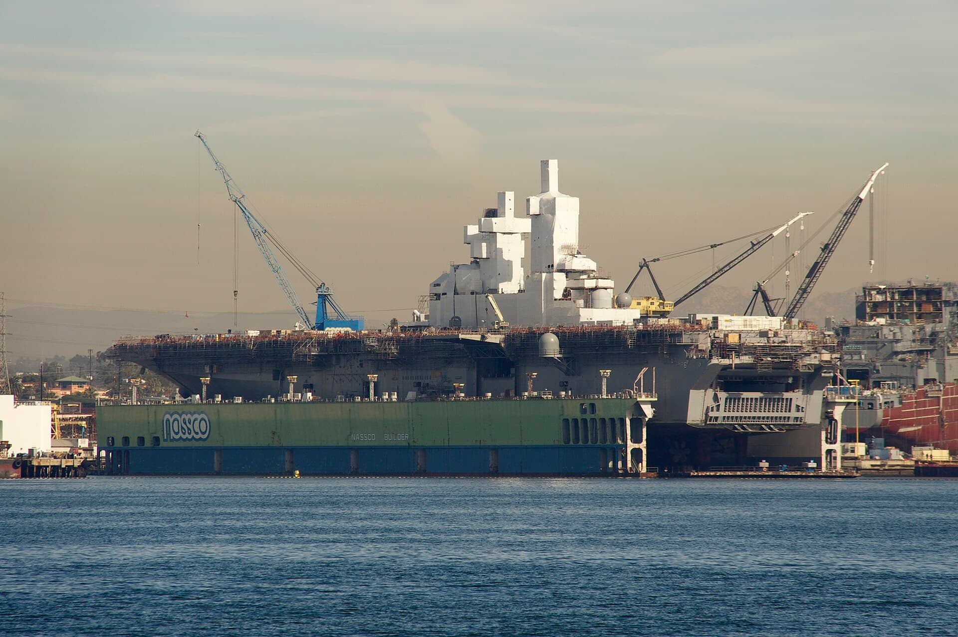 Amphibious assault ship in dry dock at a San Diego shipyard