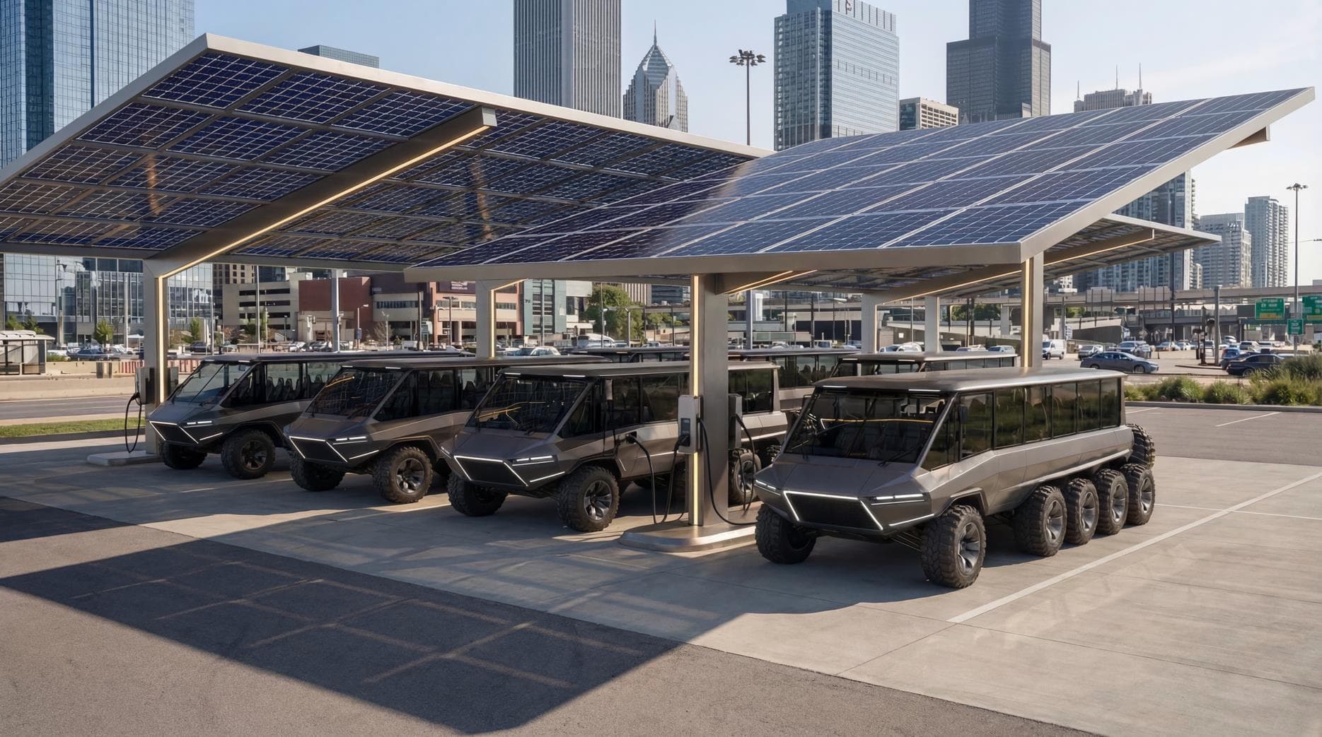 Concept render of the electric amphibious fleet charging under a solar canopy