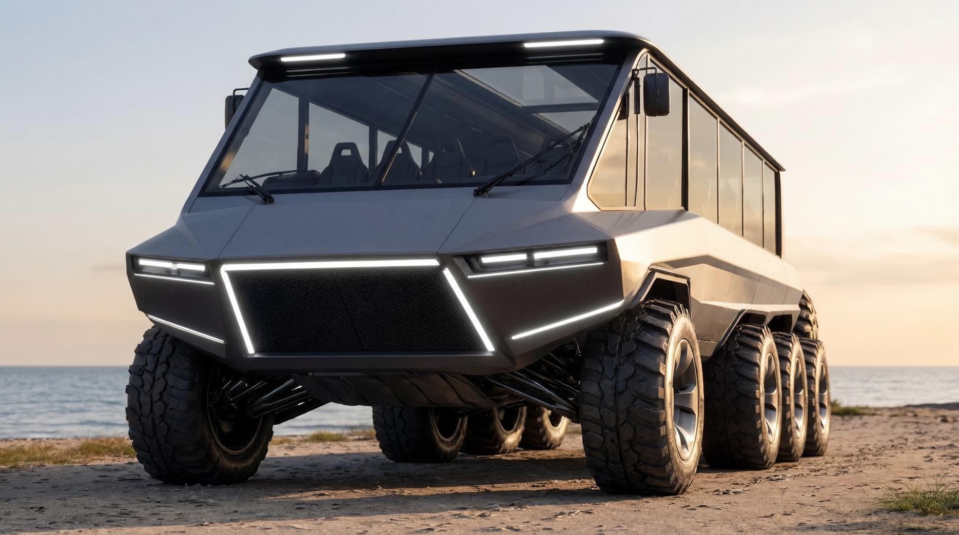 Concept render of a next-generation electric amphibious tour vehicle on the shoreline