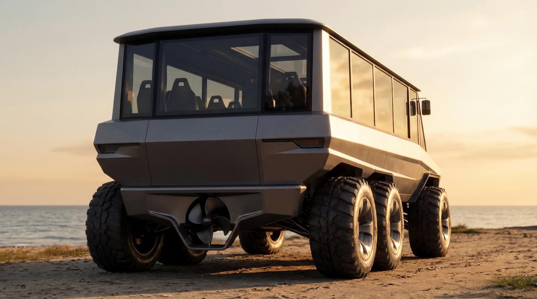 Rear view concept render showing the marine propeller and amphibious drivetrain