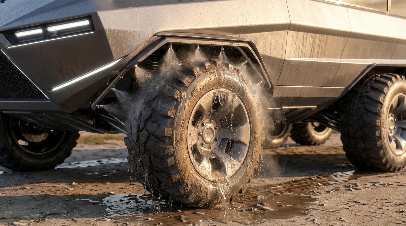 Concept render of the automated freshwater rinse system washing down a wheel after water operations