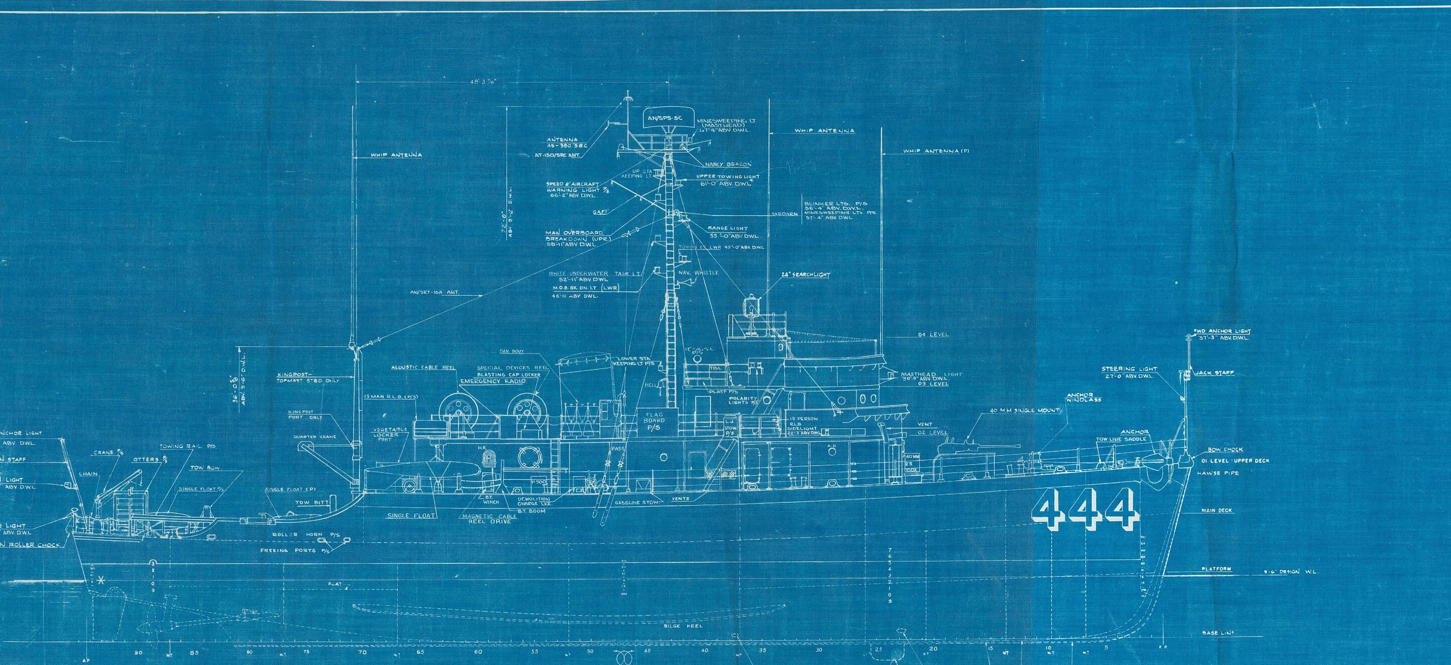 Ship engineering blueprint, outboard profile drawing